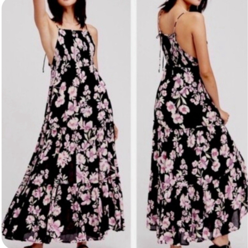 Free People Intimately Garden Party Black Pink Floral Maxi Dress Fairy Boho LG